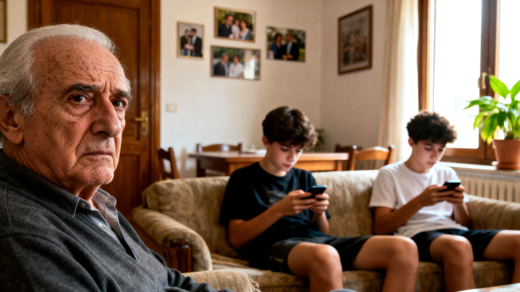 Il nonno fatica a gestire il tempo eccessivo che gli nipoti adolescenti trascorrono sui dispositivi digitali durante le visite, con scarsa interazione reale e difficoltà a coinvolgerli in attività condivise"
