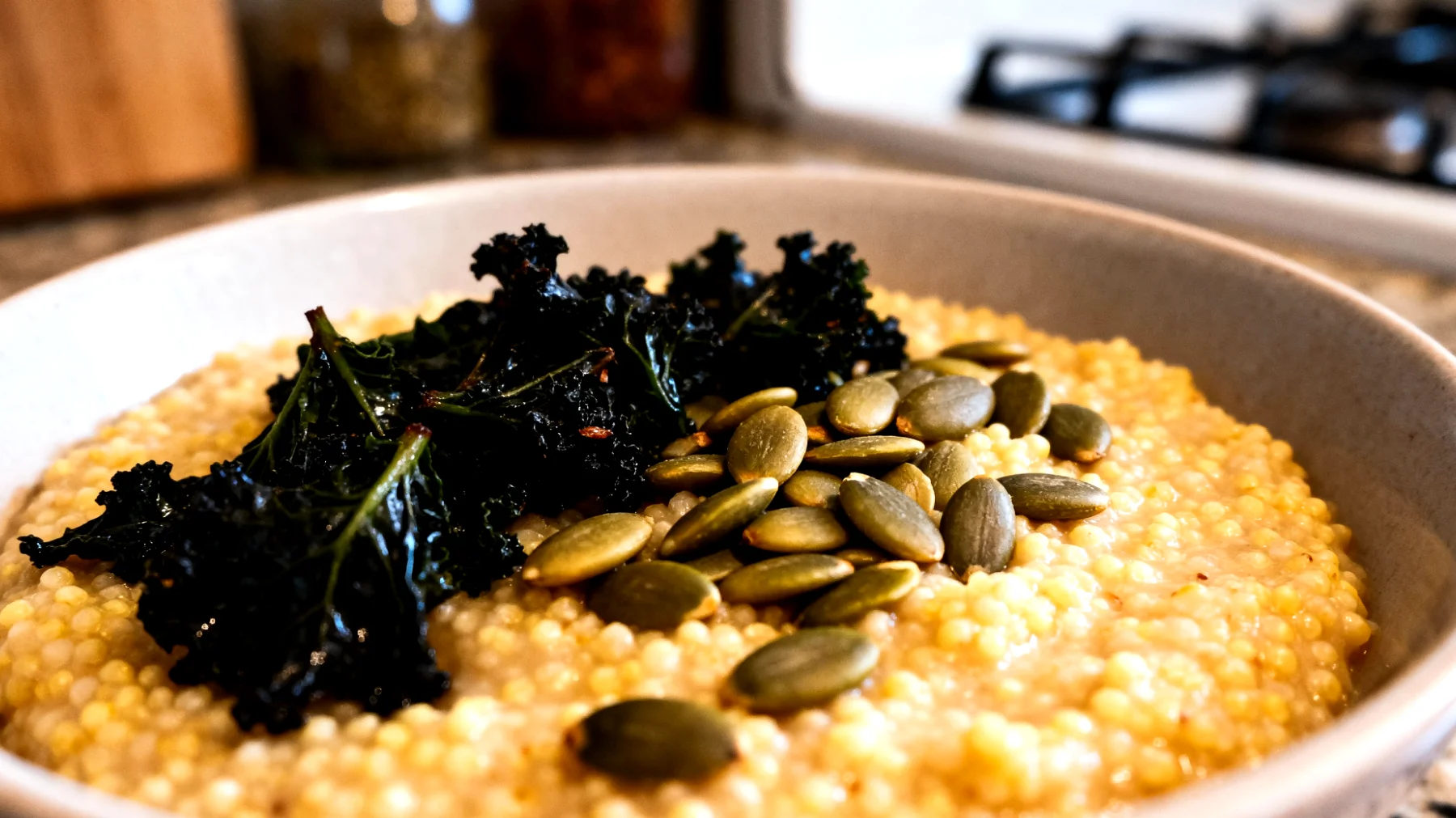 Crema di miglio con semi di zucca e cavolo nero"