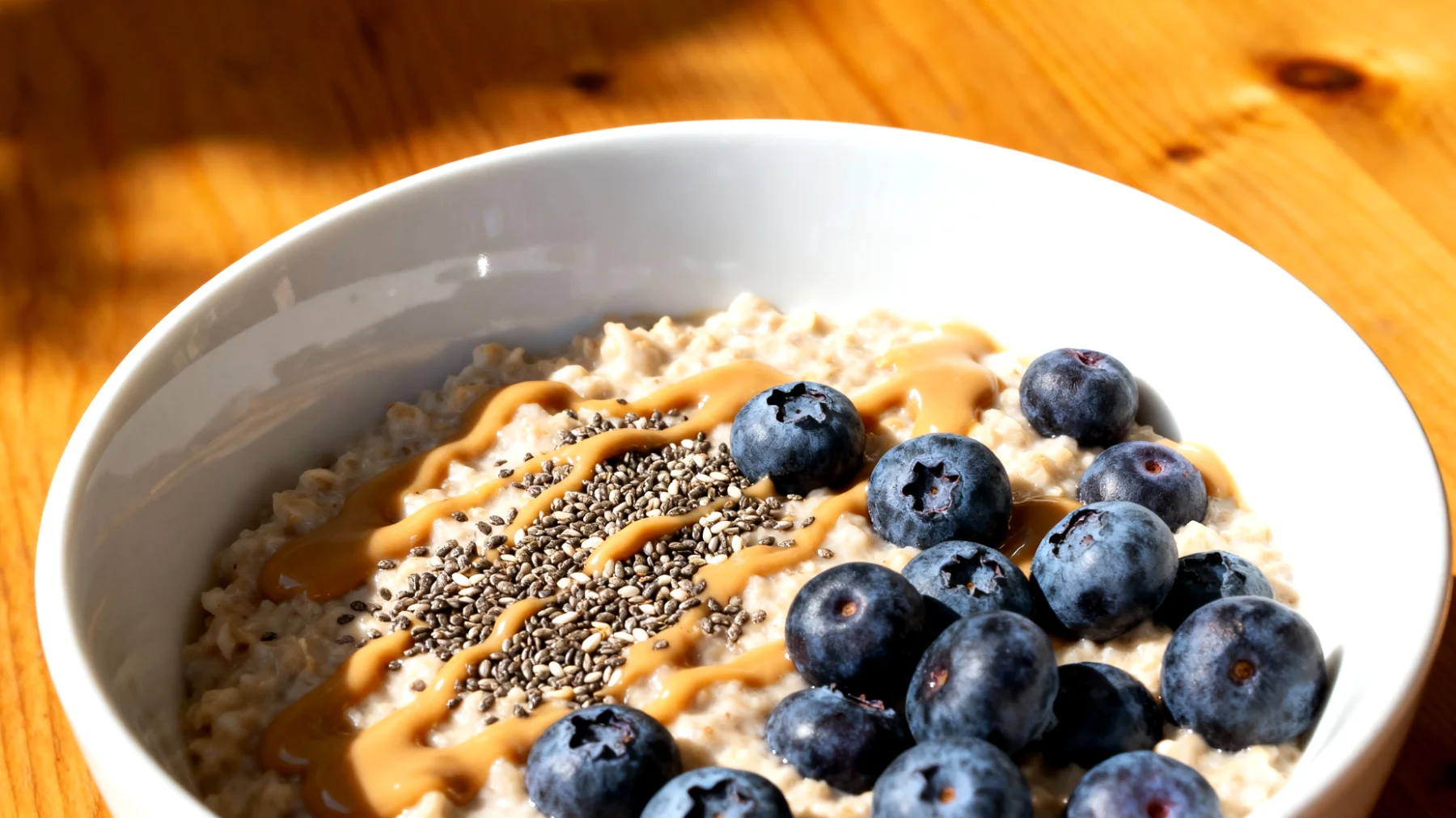 Overnight oats con semi di chia, burro di mandorle e mirtilli"