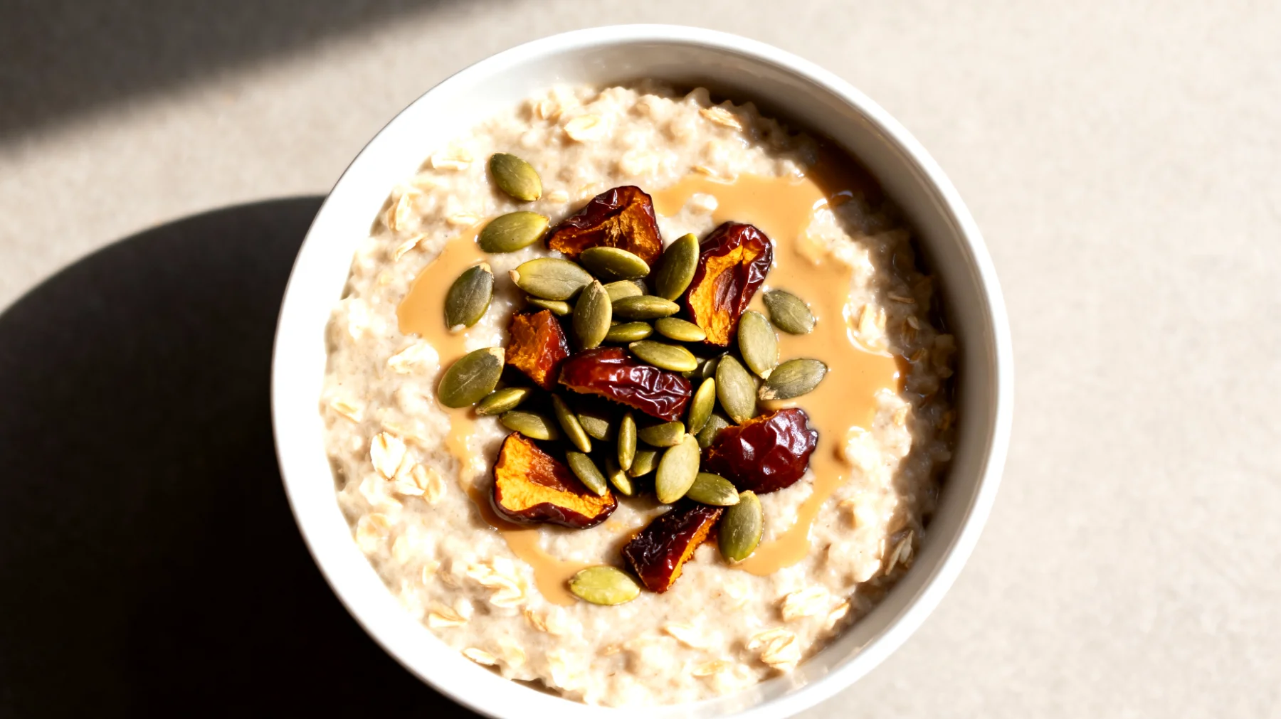 Porridge di avena con semi di zucca, datteri e tahina"