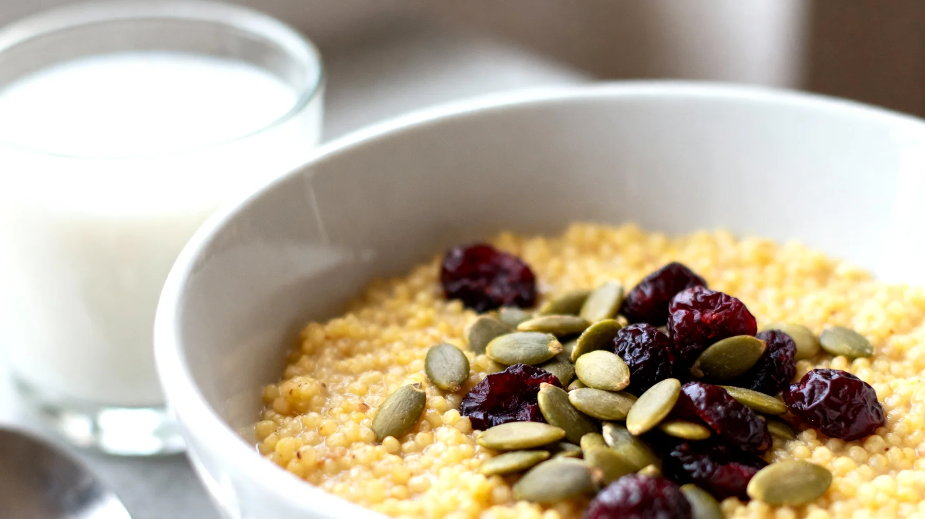 Porridge di miglio con latte di mandorla, semi di zucca e ciliegie essiccate"