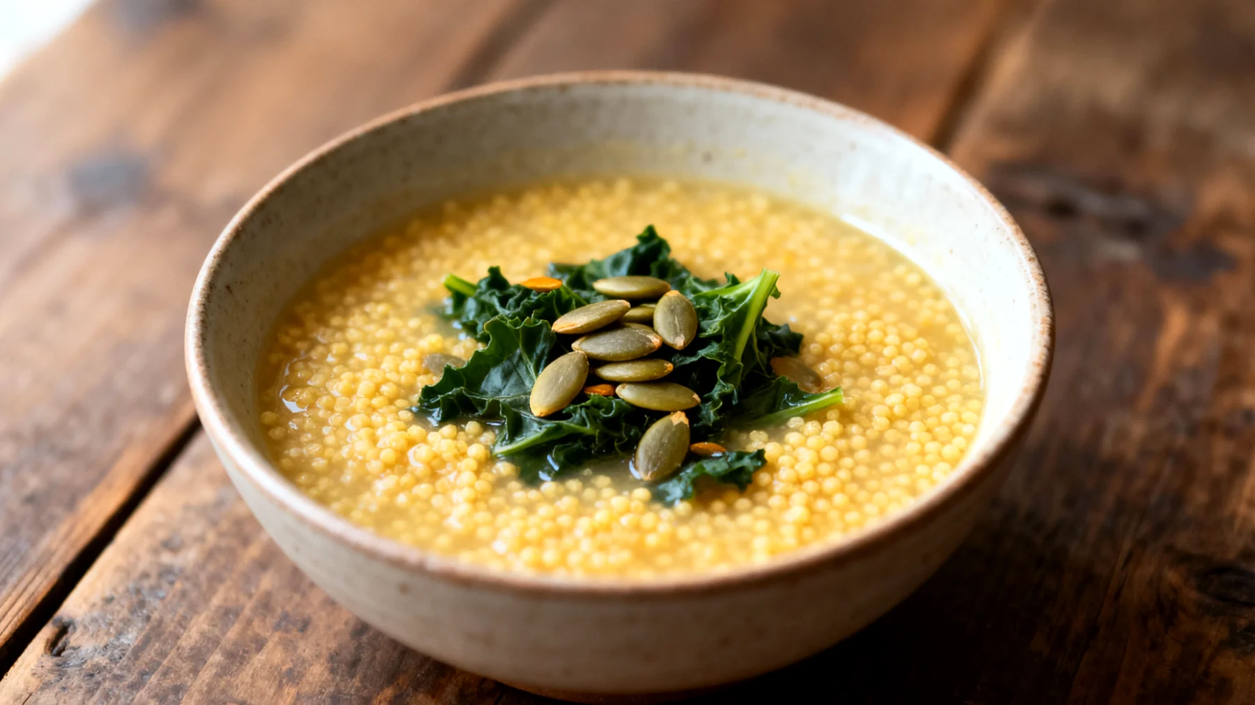 Zuppa di miglio con verdure amare e semi di zucca"