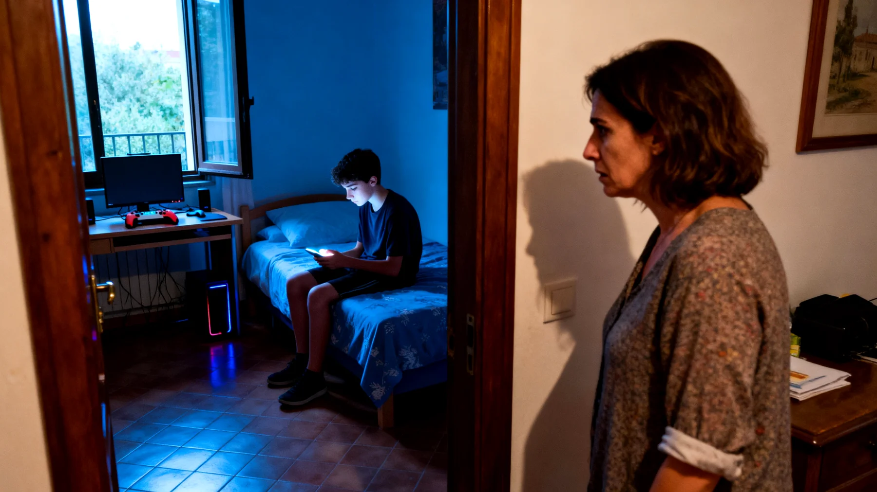 Mamma preoccupata per l'uso eccessivo dello smartphone e dei videogiochi da parte del figlio adolescente, che trascorre ore isolato nella sua camera, compromettendo il dialogo familiare, il rendimento scolastico e le relazioni sociali reali"