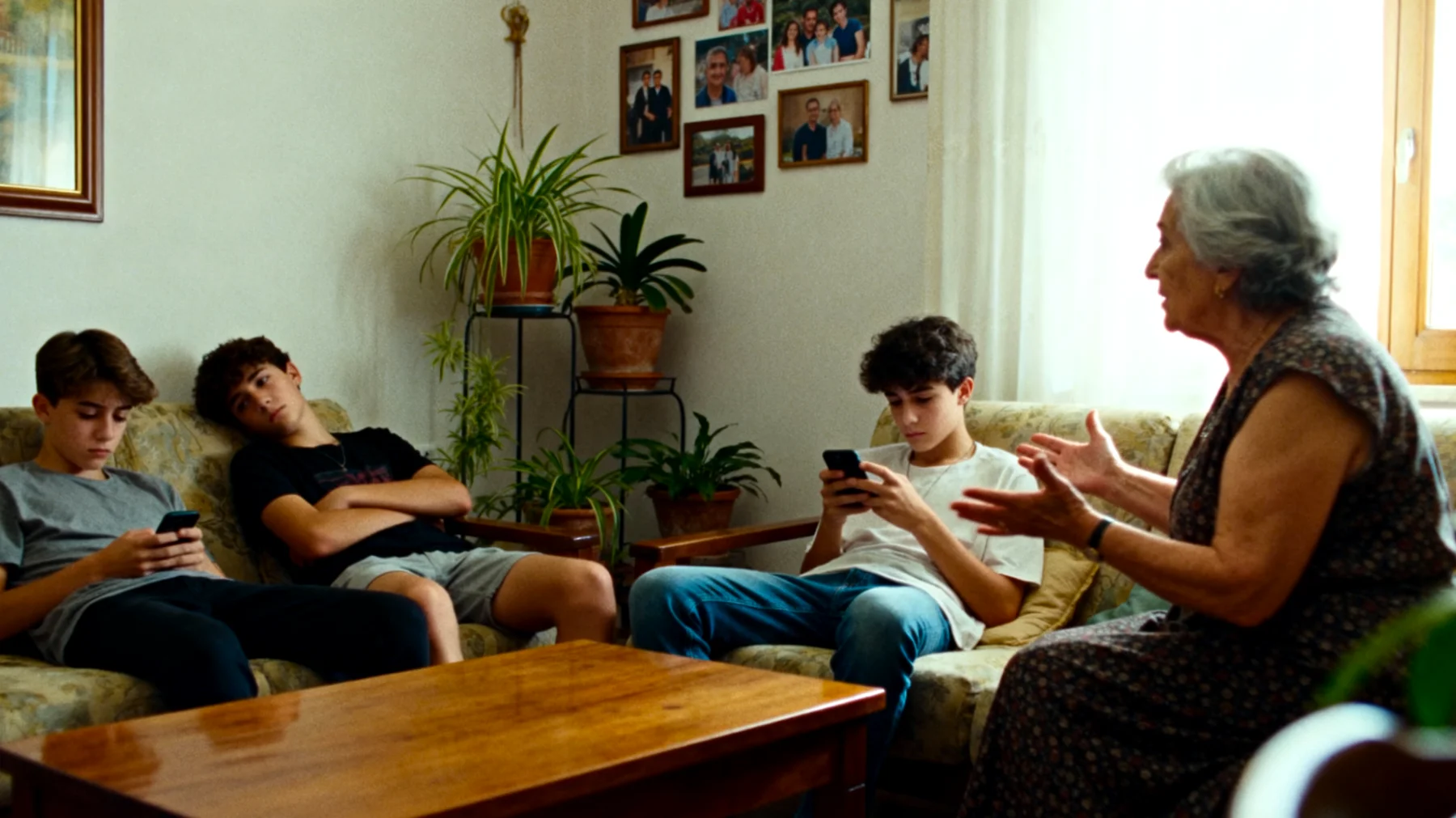 Nonna che si confronta con nipoti adolescenti che mostrano scarsa collaborazione nelle attività quotidiane quando sono affidati alle sue cure, rifiutando di aiutare in casa o di partecipare ai momenti condivisi"